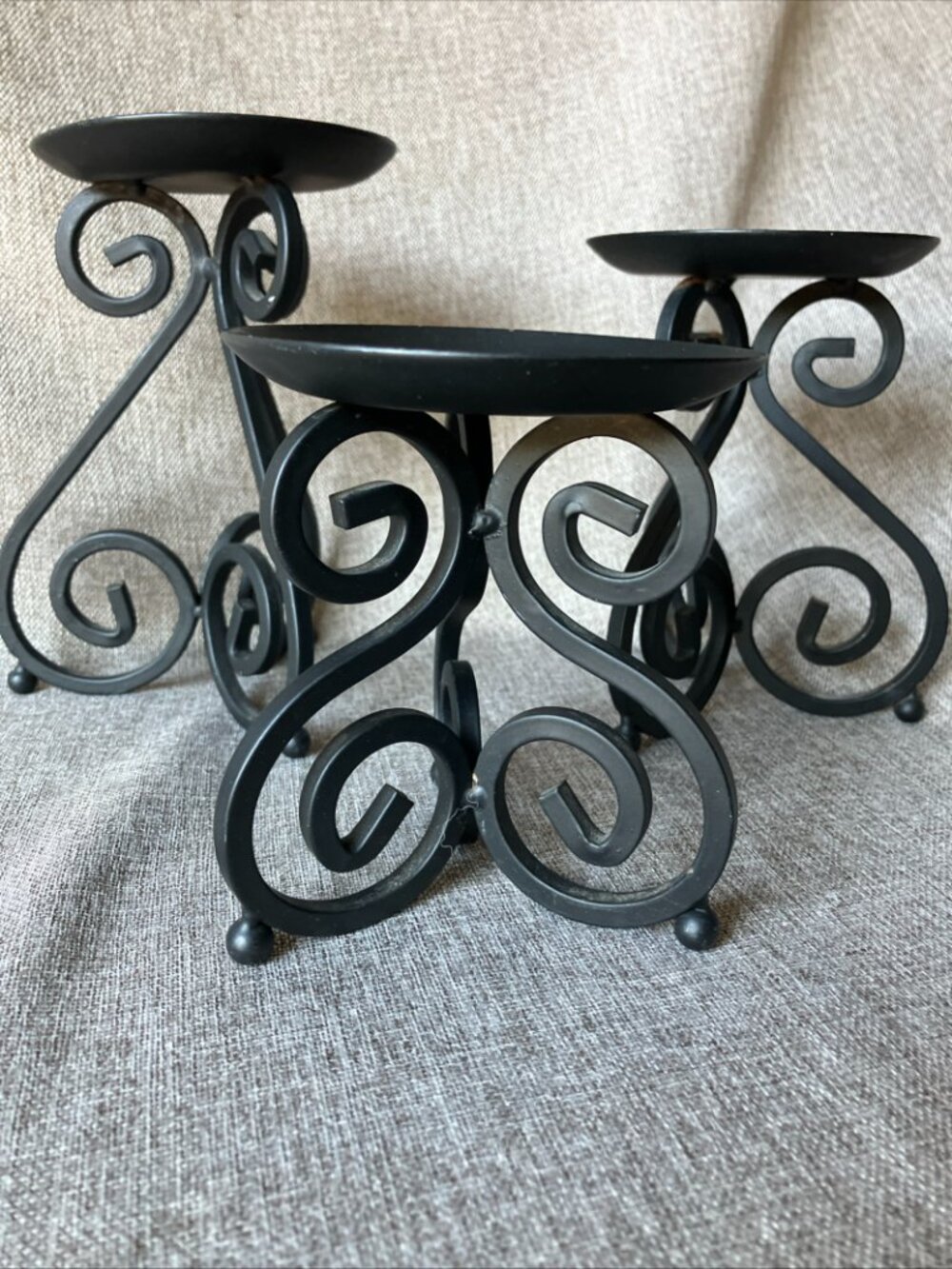 Set of 3 Black Wrought Iron Scrollwork Pillar Candle Holders French Country Vibe - Picture 2 of 10